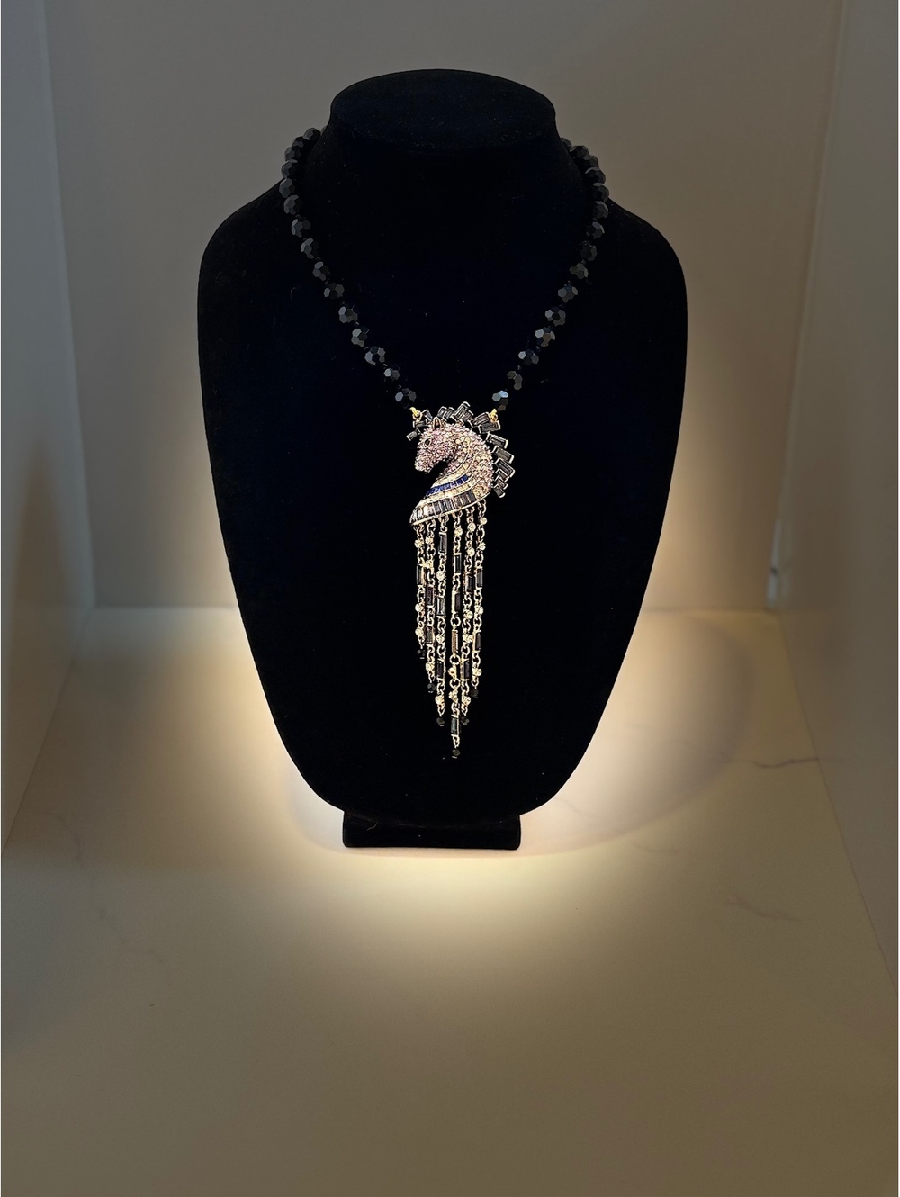 Black Beaded Necklace w/Rhinestone Horse Pendant and Gold Tone Clasp